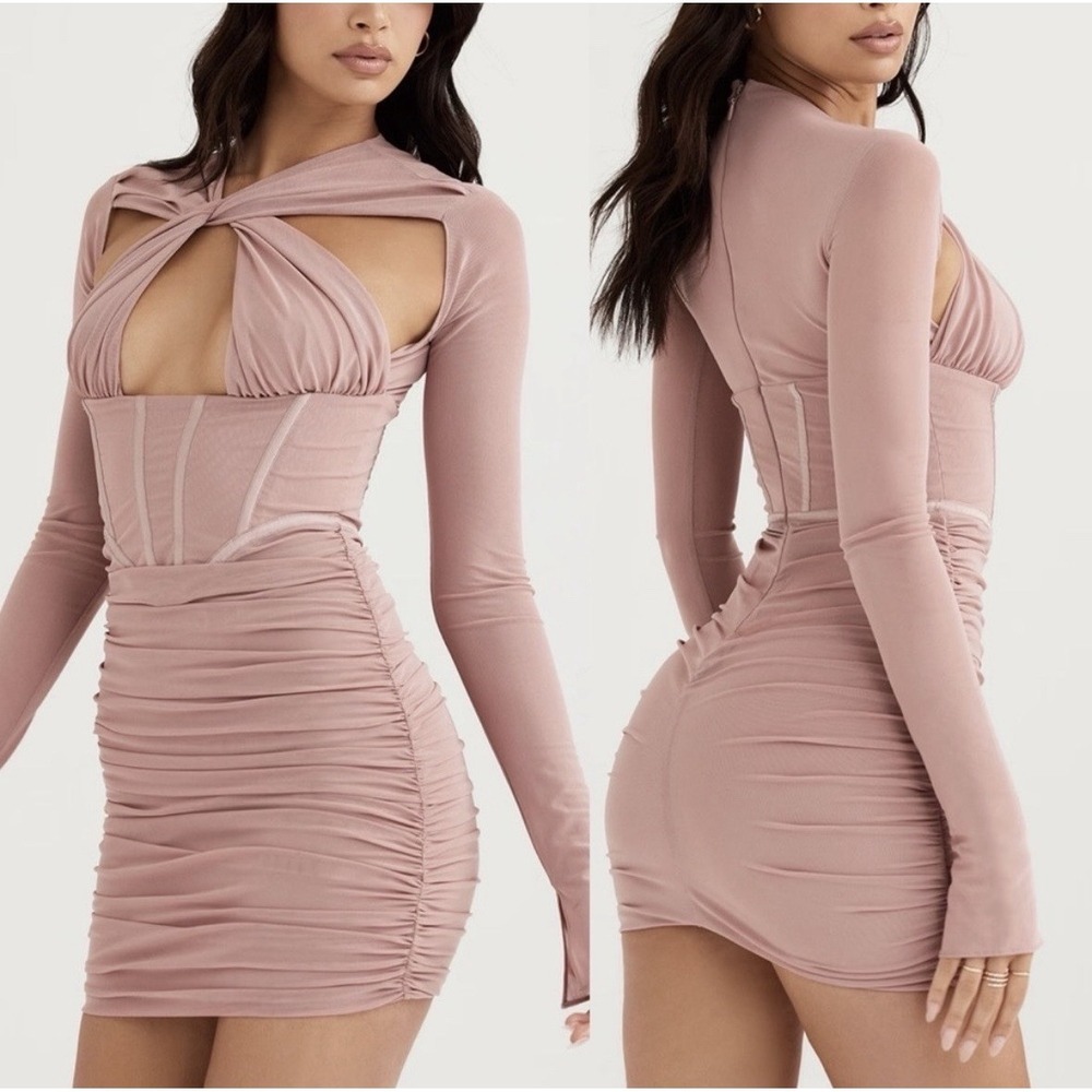 House of CB Adanna Blush Corset Mini Dress Size XS Ruched Mesh Long Sleeve NWT